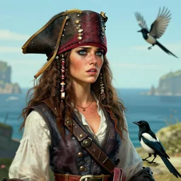 freckled mediterranean pirate girl, small bird black and white magpie, seaside backgroud, face of anxiety and longing, intricate, elegant, clean, well composed, highly detailed, assassin's creed iv, pirates of the caribbean, art by chengwei pan and viktoria gavrilenko and artgerm and greg rutkowski and alphonse mucha and josephine wall, trending on artstation