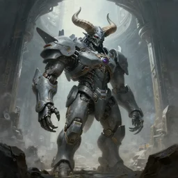 Techno-God is an ancient mechanical gray giant horned humanoid standing in the inside a huge megastructure, fantasy art, 8k, painting by Greg Rutkowski