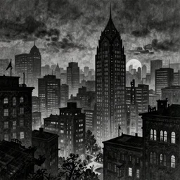 A gloomy haunted city of tall buildings. In charcoal style.