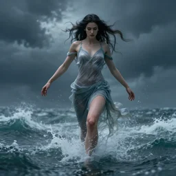 beautiful powerful water goddess strides through a stormy sea, detailed matte fantasy portrait, dynamic lighting, bokeh backdrop, by greg rutkowski, by peter mohrbacher, by brom