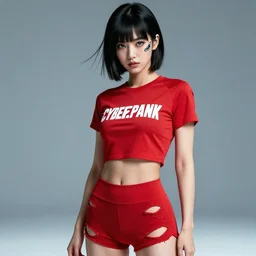Cyberpunk Japanese female wearing crop red gym top with white lettering, cybernetic eyes, torn red yoga short, Advertising photography by Mario Testino, masterwork, artstation
