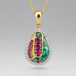 photo of jeweled pendant, futuristic, clean design, gold chain, made of diamonds, rubies, gold, malachite inlays, product photography
