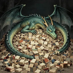 A huge dragon sleeping on a huge pile of tiny books, by Josephine Wall.
