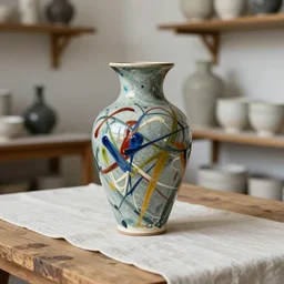beautiful ceramics studio photograph of a tall angular stoneware vase glazed by jackson pollock placed on a tablecloth on a wooden table, hyperrealism 8 k trending on artstation