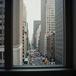 a real photo of a beautiful new york street viewed from a very far away skyscraper's window, by william eggleston, ultra detailed, cinematic, 4 k uhd