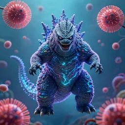 godzilla, expressive eyes, floating, rbc, radiolaria, protophyta, micro - organisms, center frame, symmetric, rim light, marine microbiology, bioluminescence, electric, fur, soft, concept art, intricate details, highly detailed, colorful, photorealistic, disney pixar, octane render,
