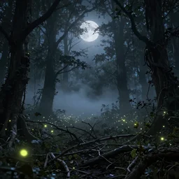neo-gothic fantasy woodland, hyperdetailed twigs and plants, moonlit nightscape, bioluminiscent fireflies, layered fog, moody lighting, photorealistic digital arts, 8K