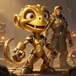 ratchet and clank meet commander shepard D&D, fantasy, cinematic lighting, highly detailed, digital painting, artstation, concept art, smooth, sharp focus, illustration, warm light, cozy warm tint, magic the gathering artwork, volumetric lighting, 8k, no gold, no gold colours, art by Akihiko Yoshida, Greg Rutkowski