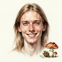 sketch of a caucasian face, medium long hair, bad skin, skinny, oval head shape, smiling, climber, weed, mushroom