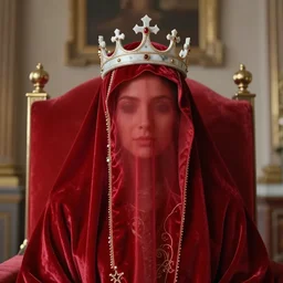 realistic photo of a blurred face princess wearing a red velvet burqa and a marble gothic crown sitting in her red throne room 1 9 6 0, life magazine photo, natural colors, metropolitan museum, kodak, 8 k, very detailed, high resolution, national geographic, 1 9 7 0 s, product photo,