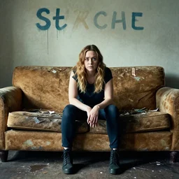 elizabeth olsen sitting on a broken couch in a crack house, painting