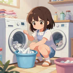 extreme kawaii girl doing laundry, epic digital art illustration, wide angle, masterpiece, outstanding detail, illustration, colorgrading, LUTs, | 28mm |, great composition