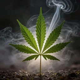 a cannabis leaf surrounded by smoke product photography 120mm