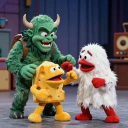 full color frame from a live action 1972 kids show with Cthulhu and sad cheese puppet having a tickle fight with furry ghost