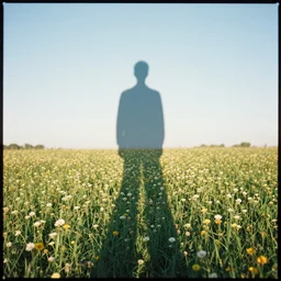 tall shadow person figure standing in beautiful meadow of flowers, vintage film photo, grainy, high detail, high resolution