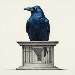 blue lit raven lair by dan mumford and peter doig and edward hopper, symmetrical, minimal, black ink, thick lines highly detailed, muted colours 8 k