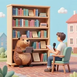bookshelf, beaver in helm, podcast interview, brick streets, ancient manuscripts, a reader in a chair, nordic pastel colors, 3 d art, digital illustration, perfect lighting