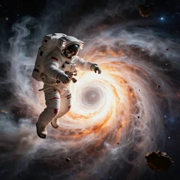 An astronaut, hovering above an anomaly in space, a bright burning vortex, sucking in matter, smoke, and debris