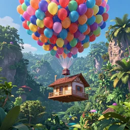 the house from the movie UP by pixar flying on thousands of multi-colored brightly lit balloons flying through, Deep tropical jungles of Southeast Asia in august, trending on artstation, 30mm, by Noah Bradley