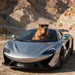 capybara sitting in the front seat of a supercar, sunglasses