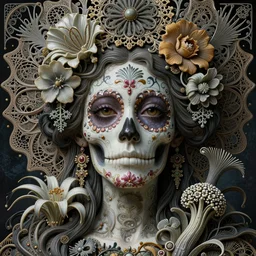 detailed realistic porcelain beautiful enigmatic calaveras goddess face portrait by jean delville, gustave dore, iris van herpen and marco mazzoni, art forms of nature by ernst haeckel, art nouveau, symbolist, visionary, gothic, neo - gothic, pre - raphaelite, fractal lace, intricate alien botanical biodiversity, surreality, hyperdetailed ultrasharp octane render