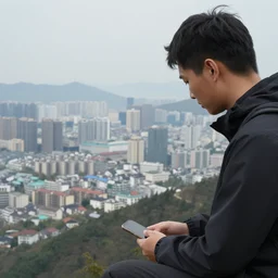a man looking down from a very tall mountain and seeing a city below him, photorealistic