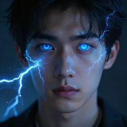 a young man with glowing blue eyes sparkling with blue lightning. sparks. electricity. sharp focus. highly detailed. photo realistic. uhd. by sparth. albert aublet. huang guangjian.