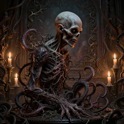 centered horrifying detailed side view profile portrait of a insane, crazed, mad old bald zombie, cthulhu, candlelit atmosphere, eldritch abomination, dunwitch horror, ornate tentacles growing around, ornamentation, thorns, vines, tentacles, elegant, beautifully soft lit, full frame, 8 k by wayne barlowe, peter mohrbacher, kelly mckernan, h r giger