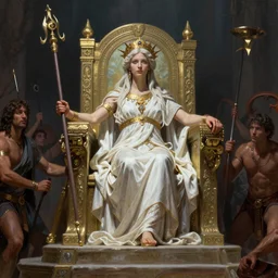A goddess sits on a throne presiding over a gladiatorial match, by Greg Rutkowski, Frank Frazetta, Boris Vallejo, epic fantasy character art, olympus, Exquisite detail, post-processing, masterpiece, cinematic