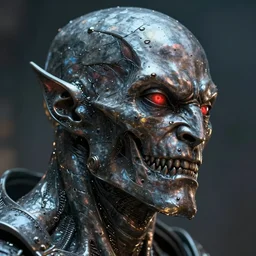 hyperrealistic highly detailed close-up side portrait of liquid metal Jötunn smirking sharp concept art wayne barlowe hannah yata cinematic lighting 8k low angle shallow depth of field