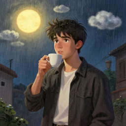 portrait of a ( ( ( taza de cafe ) ) ), ( ( guapo joven espanol brincando ) ), lluvia y nubes y magia, el sol, concept character, by greg rutowski and tezuka and oi and mucha and bierstadt and remington, trending on artgem, behance