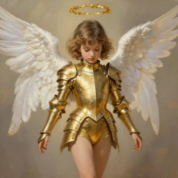 Worksafe, fully clothed. Painting of young, gentle and cute armored angel girl, in leotard and gold, by Frank Frazetta, Boris Vallejo, Larry Elmore, Julie Bell, Keith Parkinson, Hajime Sorayama, Ayami Kojima and lyde Caldwell, trending on ArtStation.