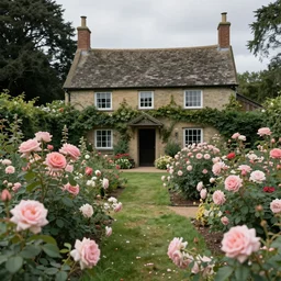 a beautiful rose garden by a cottage, photograph, 8k, cinematic, highly detailed
