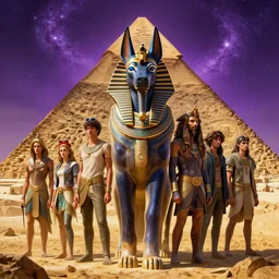highly detailed vfx portrait of anubis with pyramid behind them, sky galaxy purple, unreal engine, greg rutkowski, loish, rhads, beeple, makoto shinkai and lois van baarle, ilya kuvshinov, rossdraws, tom bagshaw, alphonse mucha, global illumination, detailed and intricate environment