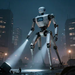 a three-legged robot from the story Vryna of the Worlds by Herbert Wales, towers over a foggy city at night and shines searchlights on the ground in search of people, realism, photo
