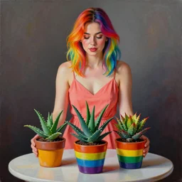 painting by Artgerm of a beautiful woman with shoulder length rainbow hair in a coral dress putting colorful South African bitter aloe succulents into rainbow pots at a round table