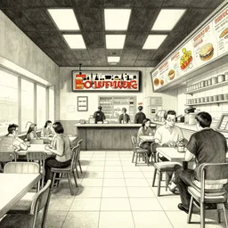 a fast food interior by Escher and Francois Schuiten ,