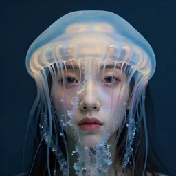 surreal tsunami of jellyfish face, hyper realistic, highly detailed, maya ying lin