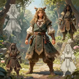 kawaii, dynamic brush strokes, linear gamma, dynamic, natural light, costume design made nordic tribes, sophisticated composition, old masters light composition, procedural, epic human character posing conceptart, beautiful ancient garden behind, substancedesigner, pbr, ultra detailed, hyperrealistic, megascans, volumetric light, concept master, painttoolsai, iteration