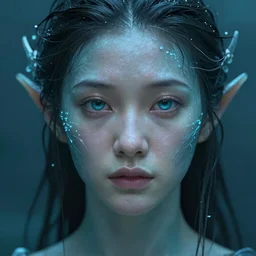 a portrait of an lonely female water elemental, elegant, focus, detailed, realistic eyes, horizontal partial symmetry features proportions, intricate facial skin details, award winning, trending in cgsociety artstation deviant art