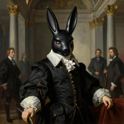 neoclassical portrait of a prince in his black rabbit mask in his temple, by jacques - louis david, by greg rutkowski, by zdzisław beksinski, by josep tapiro baro, trending on artstation, featured on pixiv, masterpiece, oil on canvas, cinematic composition, dynamic beautiful lighting,