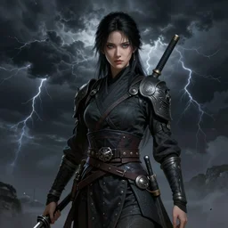 a detailed picture of a female ninja, ominous nighttime thunderstorm, fantasy, d & d, intricate, elegant, highly detailed, digital painting, artstation, concept art, matte, sharp focus, illustration, art by m. c. escher