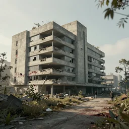 post apocalyptic hospital building, morning, building, avenue, modern contemporary urban americana concrete architecture, by pascal blanche, neil blevins, apocalyptic color palette, trending on artstation, photorealistic, wilderness ambiance, ultra detailed, high definition, depth of field, bokeh, rubble, wild vegetation, blood stains, building crumbling, human silhouettes