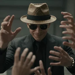 film still, extreme long shot, of an enigmatic mysterious man, smiling, face unseen by wearing a woven fedora and chopard sunglasses, expensive outfit, elegant, casual, intricate, he has petelgeuses hability to summon numerous invisible hand - like appendages from his body that he could move and extend telekinetically