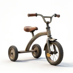 weathered tricycle, stylized 3d render, isolated on a pure white background, centered, entire object in frame, sharp focus, soft studio lighting