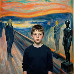 portrait of a boy 3 5 mm cinestil, interior room, edvard munch, obsidian statues, scene from the godfather, crowd of smiles, miles johnston, cynical realism, lucian freud, monet, bruce bickford masterpiece, turquoise and orange and pink, ruan jia