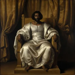 Large black man sitting on throne wrapped in silk, background made of large folding curtains, dimly lit, dark, renaissance painting, style of carrivagio