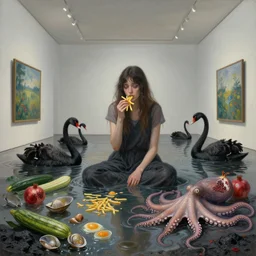 realistic painting of a flooded modern art gallery and a tall emo woman eating french fries, interior of an art gallery, molluscs, courgettes, black swans, lava, pomegranates, raw eggs, sensual, octopus, puddles, zen, surrealist, by magritte and monet