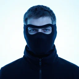 a portrait of a male wearing a black ski mask, blue tone, white light background, by ilya kuvshinov