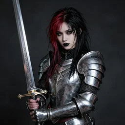 portrait of a goth emo girl wearing armor and holding sword by frank fazetta simon bisley, fantasy, barbarian